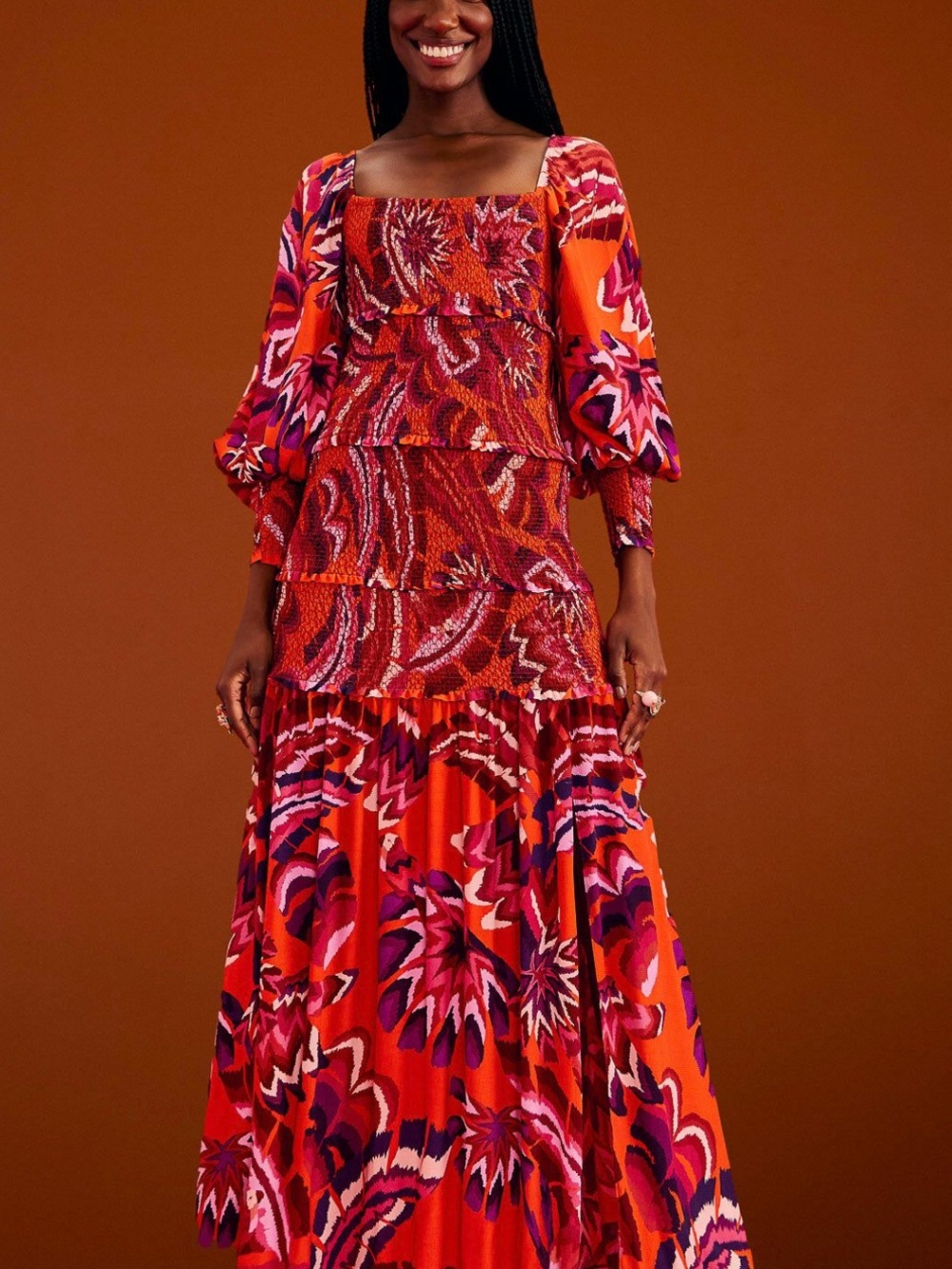 farm rio chevron forest maxi dress L Red Floral Tiered Maxi Dress - Women L - Picture 1 of 6